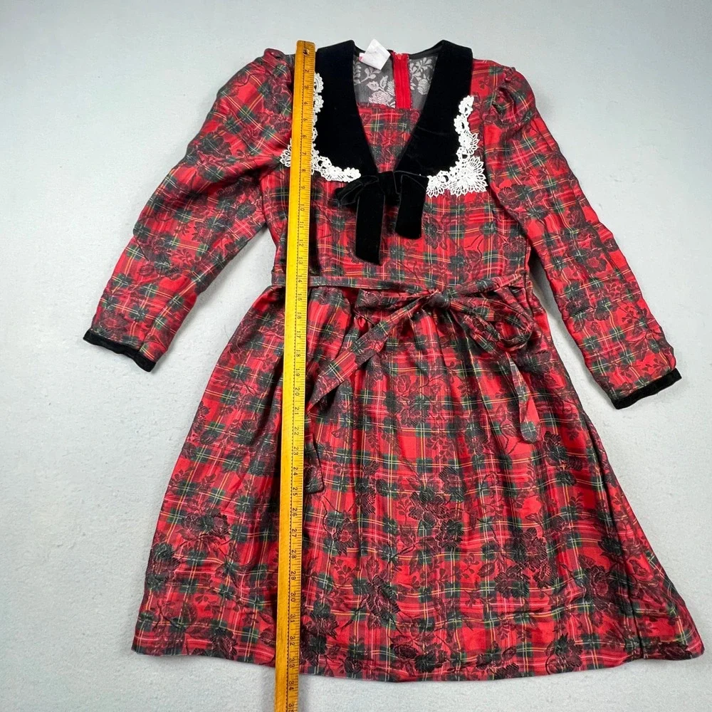 Polly Flinders Plaid Dress Girls 14 Red Velvet Lace Holiday Christmas Vintage
